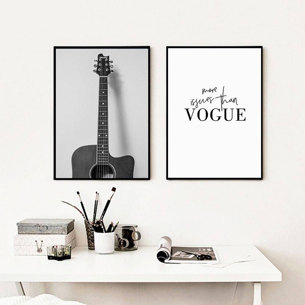 Plakat czarno biały 'Black White Guitar Wall Art', napis , dekoracja, druk na płótnie Canvas Czarno białe Plakaty Decorateo.pl