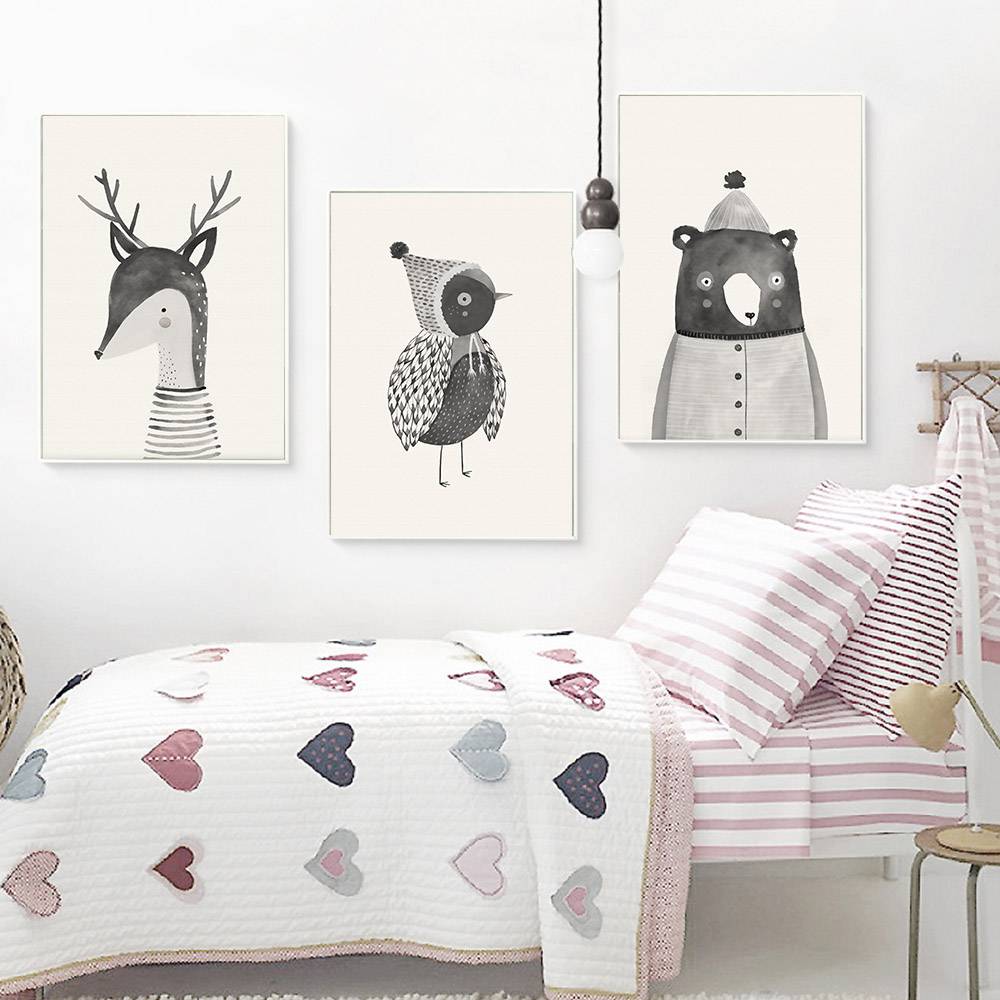 Plakat dla dzieci 'Animal Deer Bear Wall Art Canvas', czarno biały, sztuka rysunkowa, druk na płótnie Canvas Czarno białe Dla dzieci Grafika Plakaty Decorateo.pl