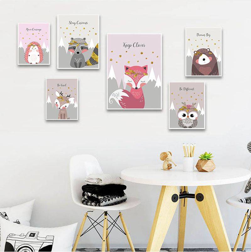 Plakat dla dzieci 'Animal Picture Owl Fox Bear', grafika, sztuka rysunkowa, druk na płótnie Canvas Dla dzieci Grafika Plakaty Decorateo.pl