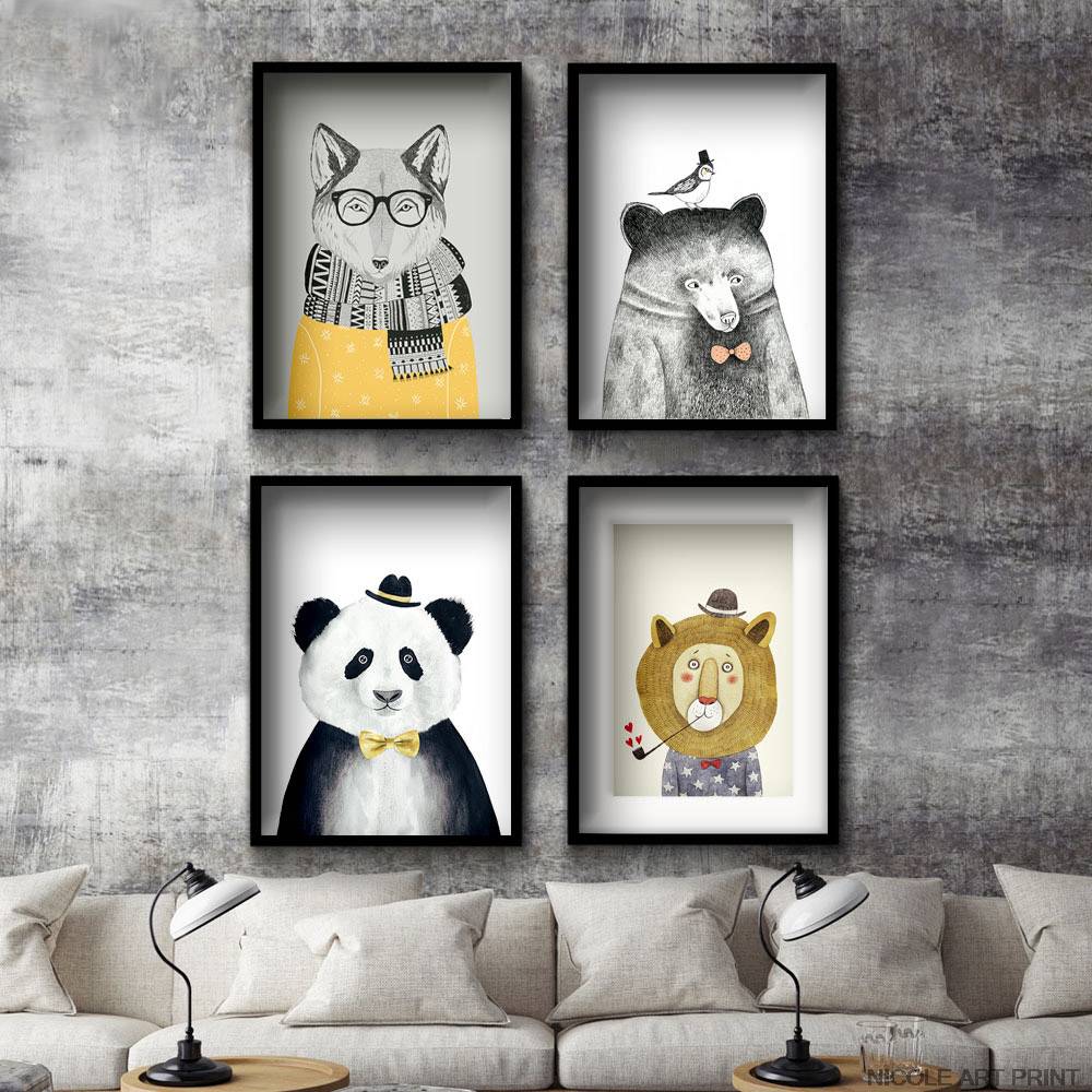 Plakat dla dzieci 'Cartoon Animal Bear Lion Panda', grafika, sztuka rysunkowa, druk na płótnie Canvas Dla dzieci Grafika Plakaty Decorateo.pl