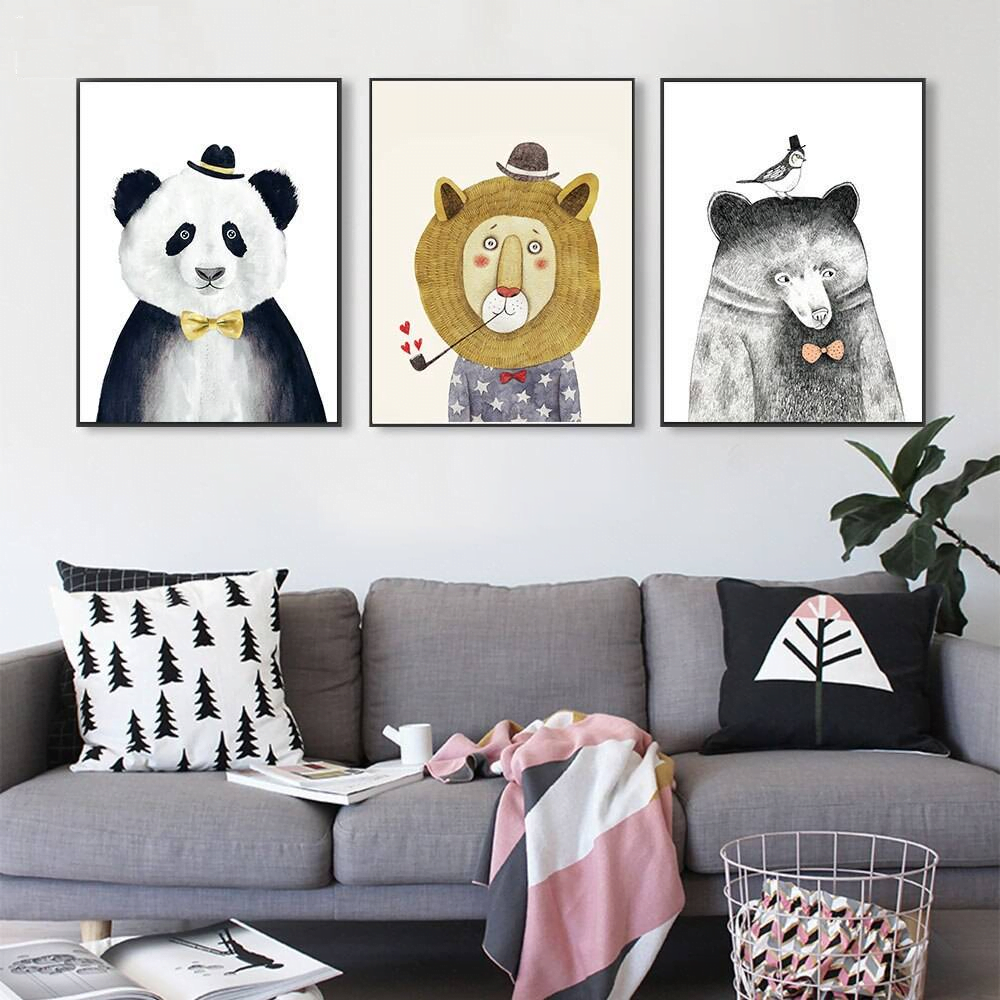 Plakat dla dzieci 'Cartoon Animal Bear Lion Panda', grafika, sztuka rysunkowa, druk na płótnie Canvas Dla dzieci Grafika Plakaty Decorateo.pl