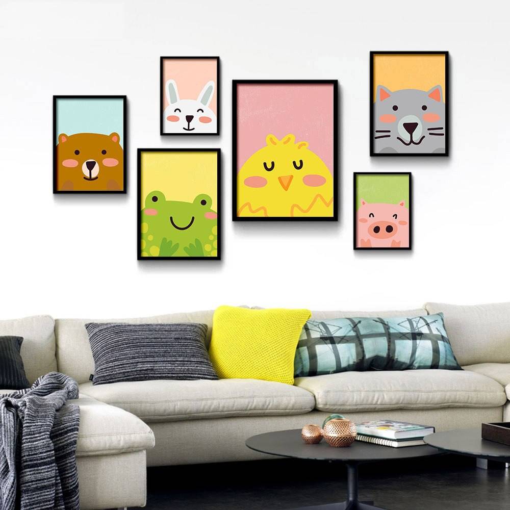 Plakat dla dzieci 'Cartoon Animal Bear Pig Cat', grafika, sztuka rysunkowa, druk na płótnie Canvas Dla dzieci Grafika Plakaty Decorateo.pl