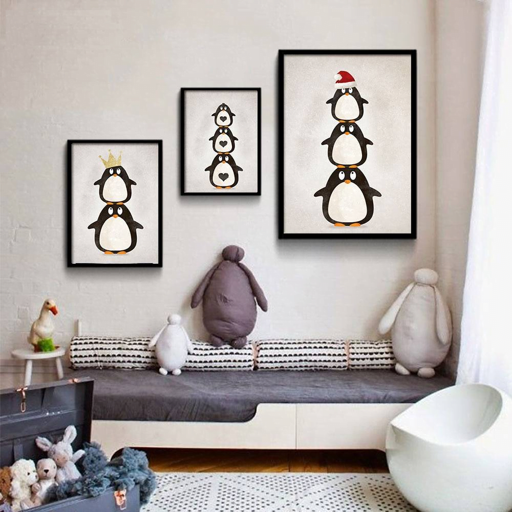 Plakat dla dzieci 'Cartoon Penguin Animal', sztuka rysunkowa, druk na płótnie Canvas Dla dzieci Plakaty Decorateo.pl