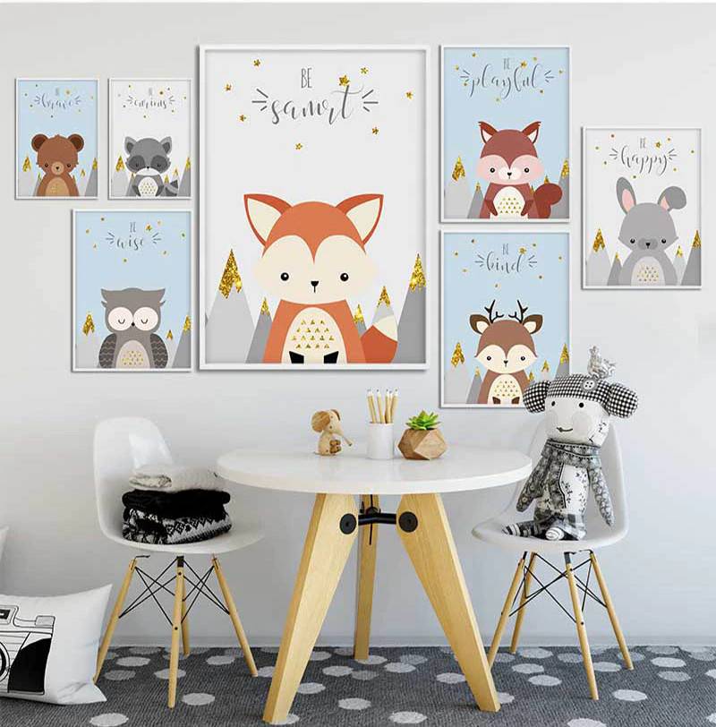 Plakat dla dzieci 'Child Poster Fox Owl Bear', grafika, sztuka rysunkowa, druk na płótnie Canvas Dla dzieci Grafika Plakaty Decorateo.pl