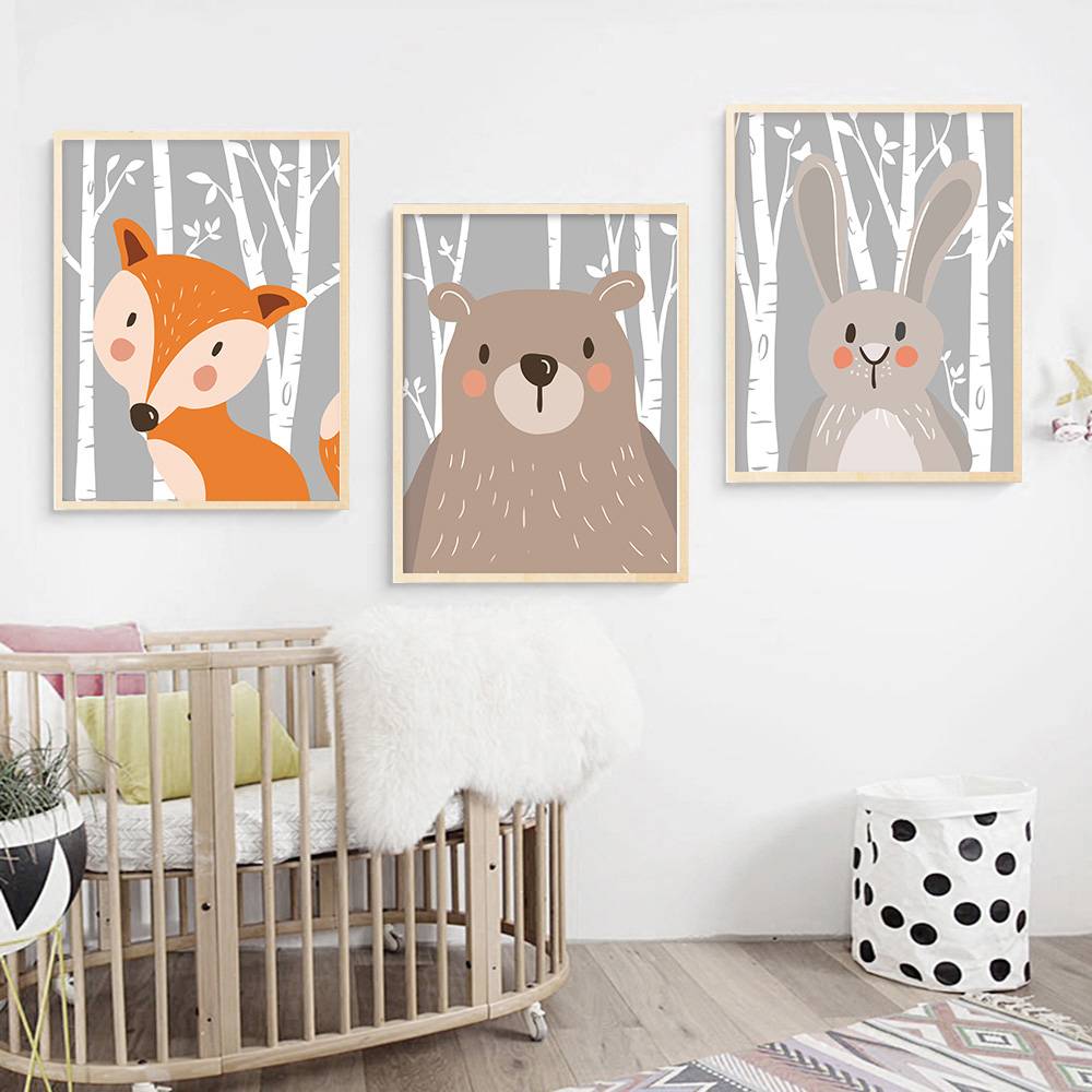 Plakat dla dzieci 'Rabbit Fox Bear Animal Nursery Posters', sztuka rysunkowa, druk na płótnie Canvas Dla dzieci Grafika Plakaty Decorateo.pl