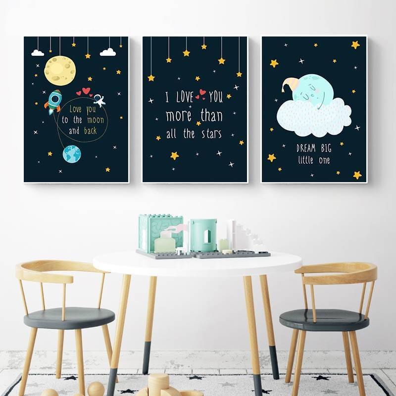 Plakat dla dzieci 'Rocky Space Nursery Quotes Child Poster', grafika, sztuka rysunkowa, druk na płótnie Canvas Dla dzieci Grafika Plakaty Decorateo.pl