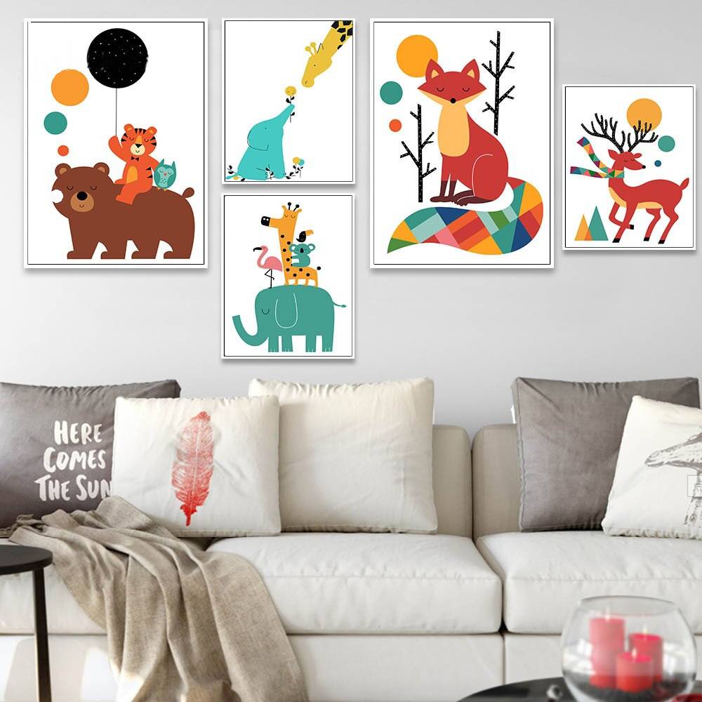 Plakat grafika 'Art Cartoon Bear Elephant Tiger Minimalism', dla dzieci, nowoczesny wystrój, druk na płótnie Canvas Abstrakcja Dla dzieci Grafika Plakaty Decorateo.pl