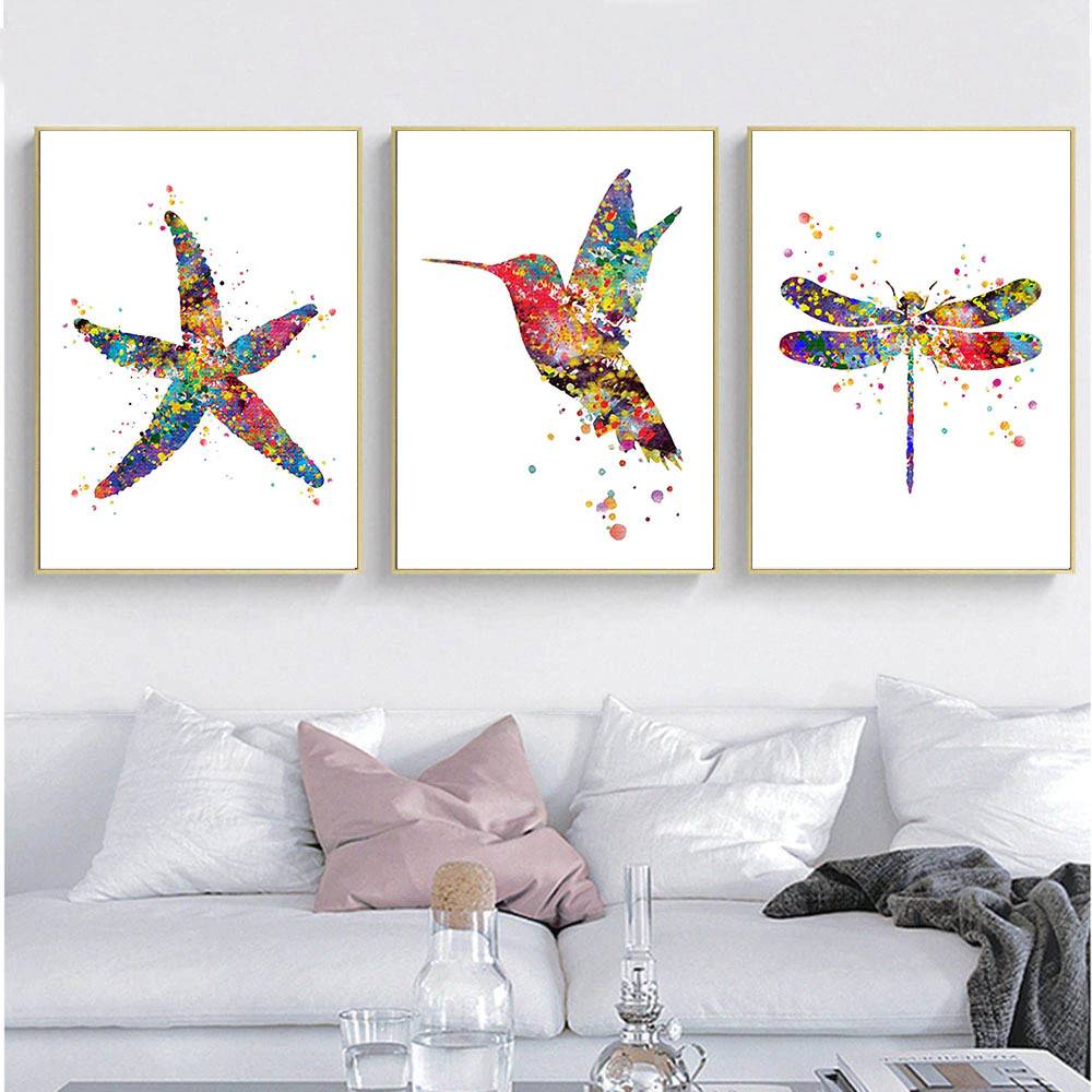 Plakat grafika 'Watercolor Starfish Dragonfly Bird', abstrakcja, minimalistyczny, druk na płótnie Canvas Abstrakcja Grafika Plakaty Decorateo.pl