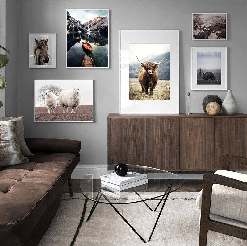 Plakat krajobraz 'Sheep Horse Cattle Animal Wall Art', nowoczesny wystrój, druk na płótnie Canvas Krajobrazy Plakaty Zwierzęta Decorateo.pl