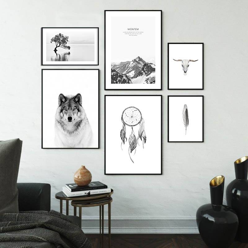 Plakat natura 'Poster Black White Landscape Wolf Skull Nordic Style', grafika, dekoracja, druk na płótnie Canvas Czarno białe Grafika Natura Plakaty Decorateo.pl